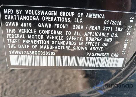 2016 Volkswagen Passat 1.8T Se from USA, damaged, VIN 1VWBT7A39GC026362